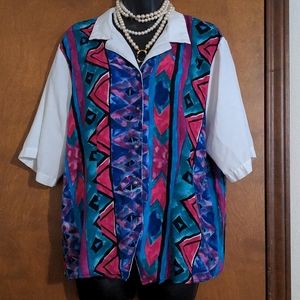 Vintage 90s Caliche Collection geo print gaudy casual button up blouse sz 16
